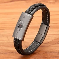 tyo high quality evil eye genuine leather bracelets for men stainless steel magnetic clasp buckle braided punk bangles jewelry