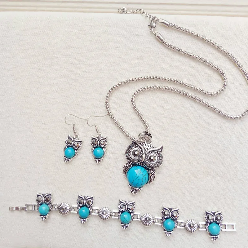 Сова Бирюзовый Ретро Ювелирные наборы кулон серьги браслет серебро 925 ожерелье