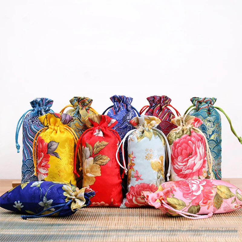 

Chinese Brocade Embroidery Drawstring Small Jewelry Gift Storage Pouch Bag Snap Case Satin Coin Purse Wholesale