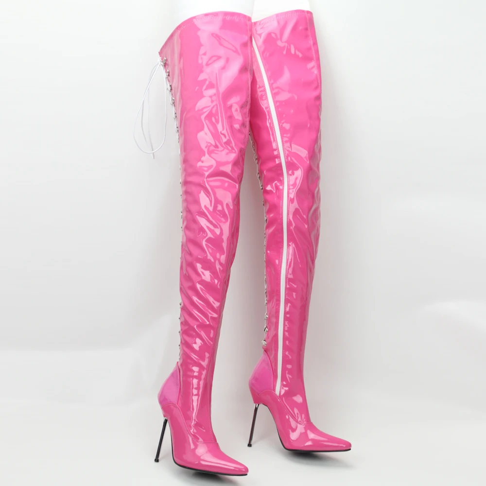 Women Over the Knee Boots 12CM High Heel Pointed toe Metal Thin Heels Zip Sexy Cross-tied Thigh Long Boots