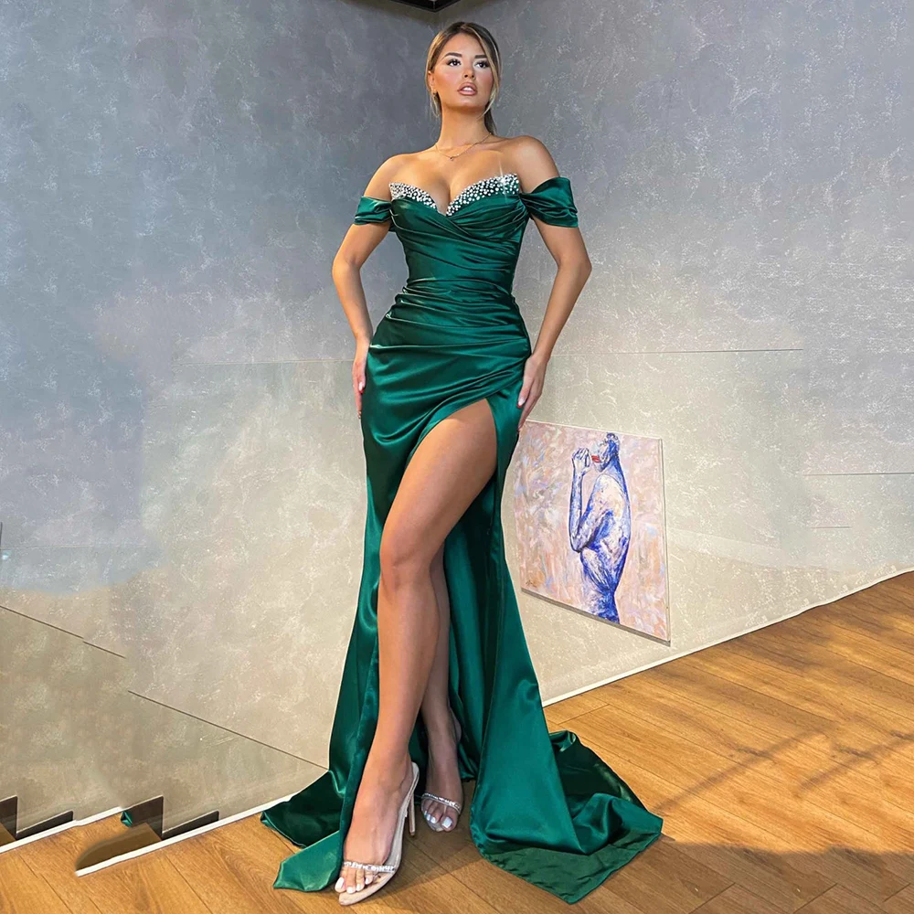Yipeisha Emerald Green Evening Dresses Off-shoulder Satin Side Split Mermaid Party Dress Long Beaded Formal Banquet Prom Gown
