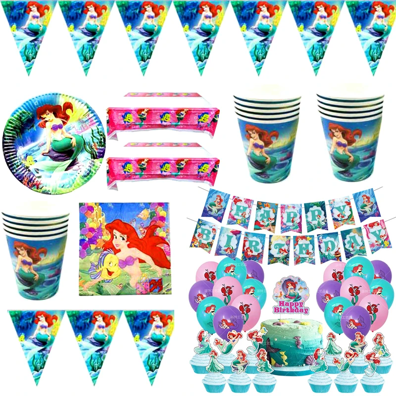 

140pcs/lot Little Mermaid Tablecloth Balloons Cupcake Toppers Birthday Party Cups Plates Decorate Napkins Banner Bunting Pennant