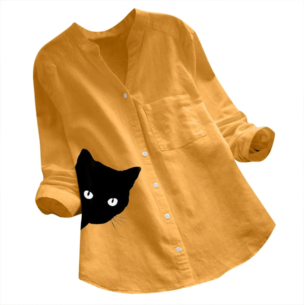 Женские Модные хлопковые льняные повседневные футболки с принтом кота женская