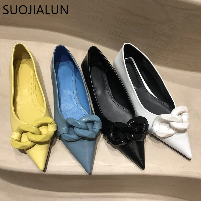 

SUOJIALUN 2021 Brand Design Chain Buckle Flat Shoes Women Flat Heel Ballet Pointed Toe Slip On Female Ballerina Casual Loafers