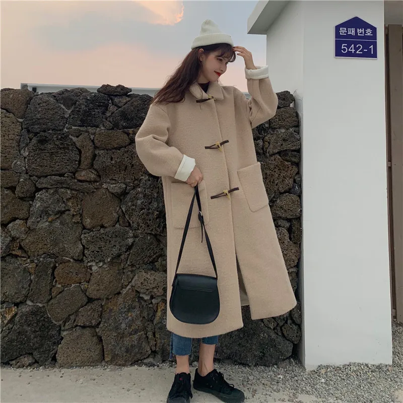 

Autumn and winter new Korean version of thick warm loose horn buckle fashion European and American style long woolen coat women