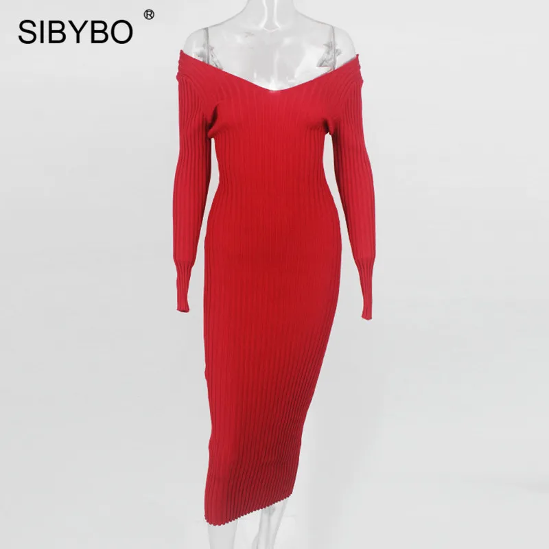 SIBYBO, зимнее трикотажное хлопковое платье в рубчик, женское сексуальное облегающее платье с открытыми плечами и длинным рукавом, однотонные вечерние платья с открытой спиной