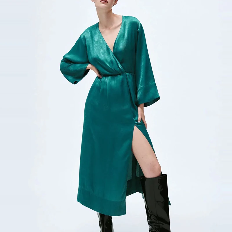 

Женское Драпированное Платье-миди с V-образным вырезом и длинным рукавом