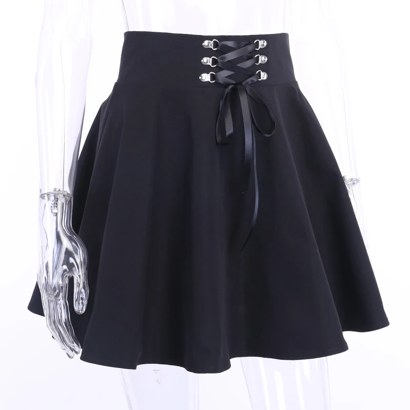 Мини-юбка женская плиссированная с завышенной талией, готическая Черная юбка на шнуровке в стиле панк, Повседневная Уличная одежда, однотонная трапециевидная юбка