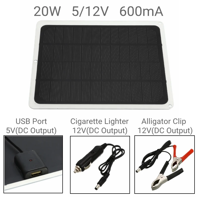 Солнечная панель с выходом USB 20 Вт 12 В С автомобильным зарядным устройством