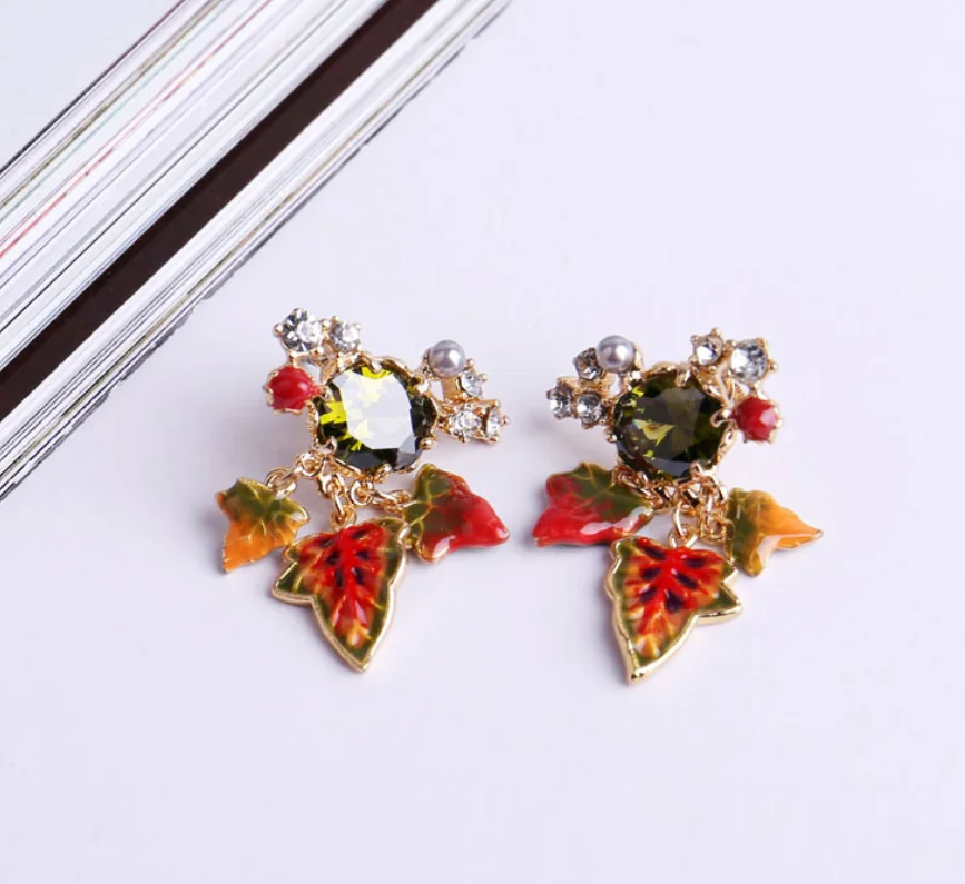 earrings CSxjd осенний кленовый букет листьев с драгоценными камнями ожерелье - Окраска металла: earrings