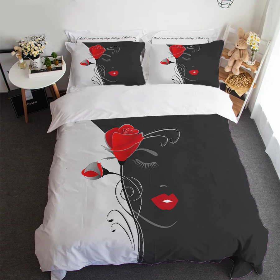

oentyo Rose Flower Bedding Sets 2/3 Pcs King Queen Sizes Beautiful Woman Duvet Cover Set Print Comforter Sets Bed Cover Sets