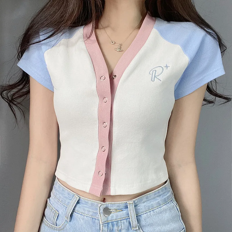 

Женский трикотажный кардиган контрастных цветов, Повседневная футболка с V-образным вырезом, открытым пупком и коротким рукавом, 2021