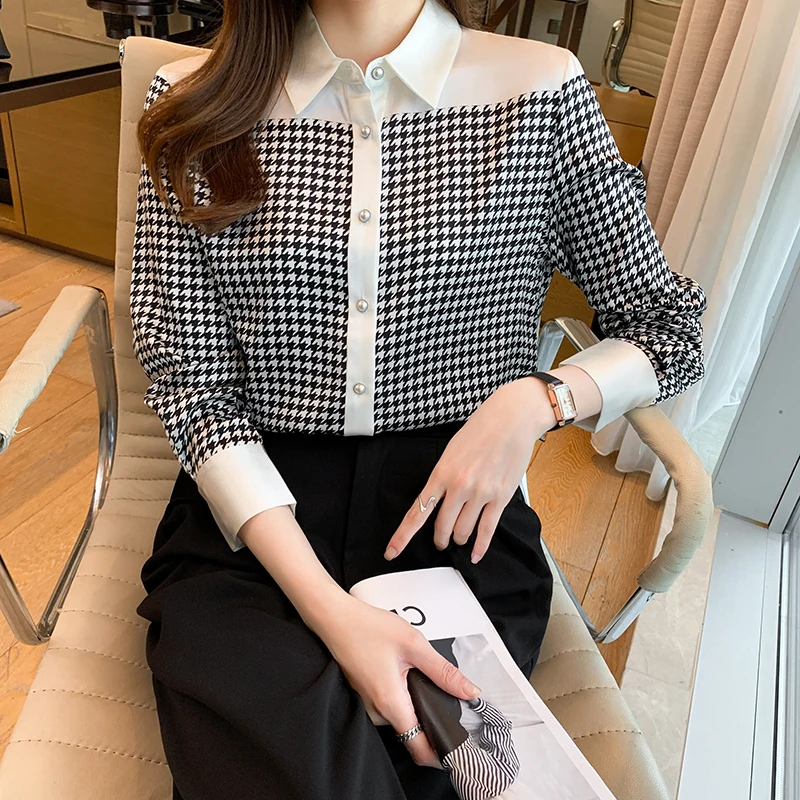 

Ladies Tops Chiffon Women shirt 2021 Autumn New Office Lady Chiffon Long Sleeve Elegant thousand bird plaid Blouse Shirts 305F