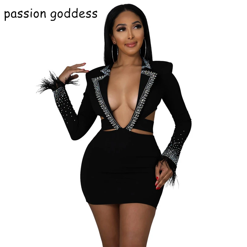 

Deep V Neck Hollow Out Sexy Bodycon Pencil Dress for Women Autumn 2021 Feather Long Sleeve Rhinestone Notched Fashion Mini Dress