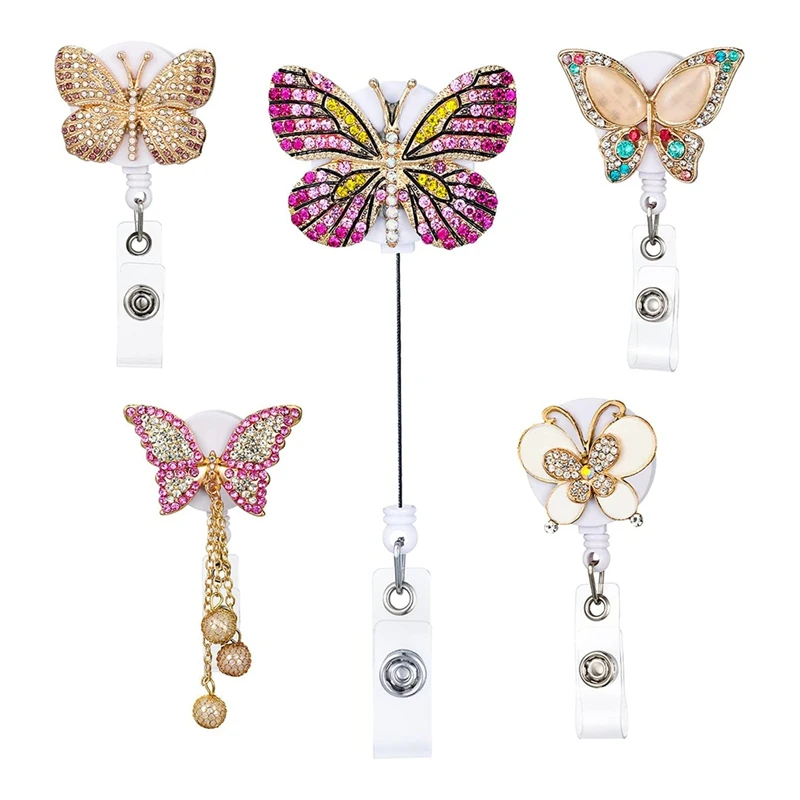 

5 Pack Retractable Badge Reel Butterfly Rhinestone Badge Holder Nurse ID Name Tag Badge Holder with Clips