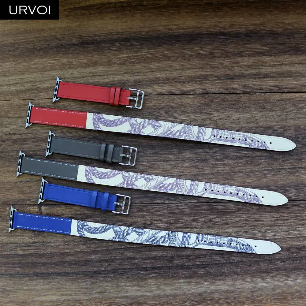 URVOI Печатный двойной тур ремешок для Apple Watch 5 4 3 ремешок для iwatch натуральная кожа петля очень длинный ремень качество 40 44 мм