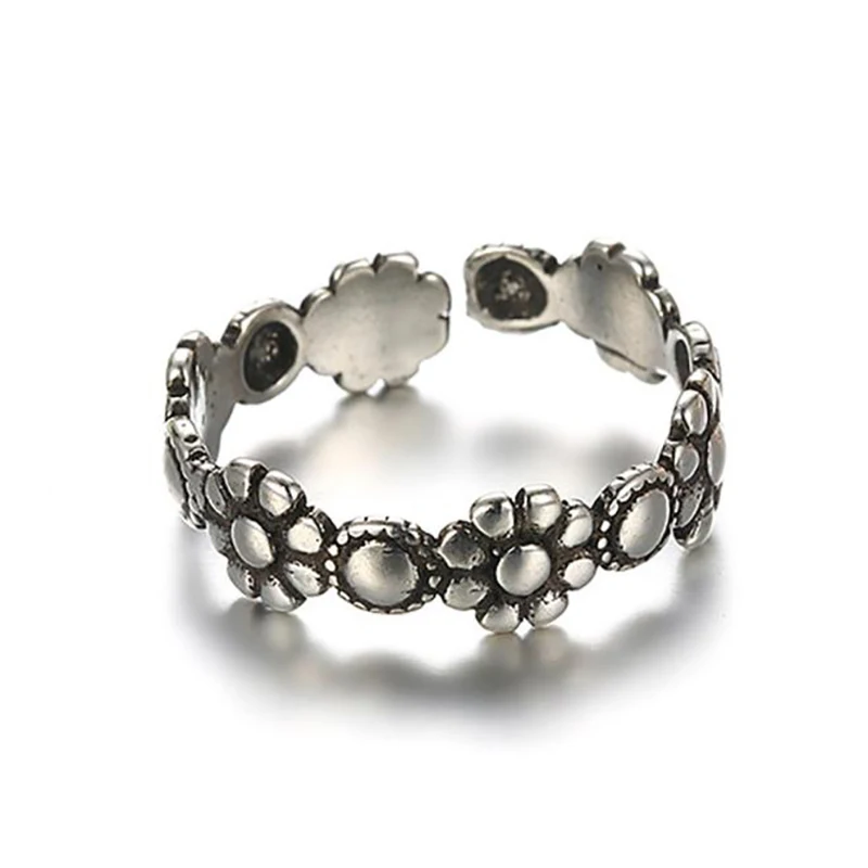 New 925 Thai Silver Antique Black Flower Band Stackable Cuff Open Adjustable Ring For Women Finger Fine Jewelry 1Y774 | Украшения и