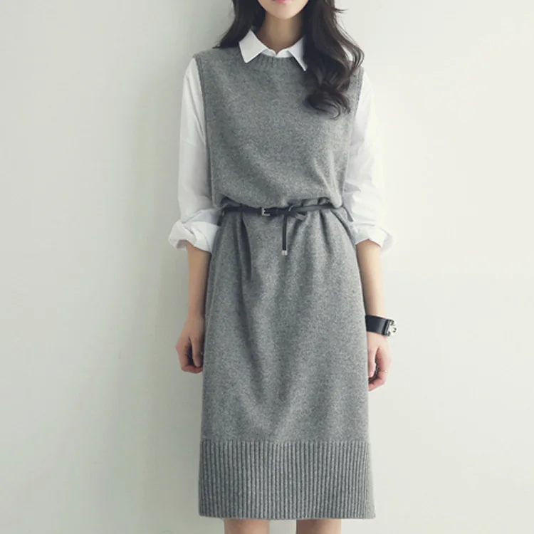 Pullover vest dress New Autumn Winter long Knitted Women Sweaters Sleeveless Warm Sweater Casual Solid Vestido with belt | Женская