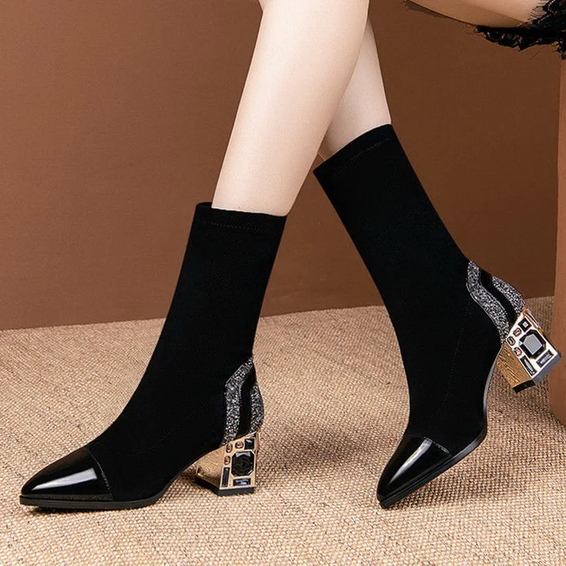 

Slim Short Boots Woman Mid Calf Boot Elastic Fabric Rhinestone Square Heel Women's Winter Shoes 2020 Female Footware BLACK