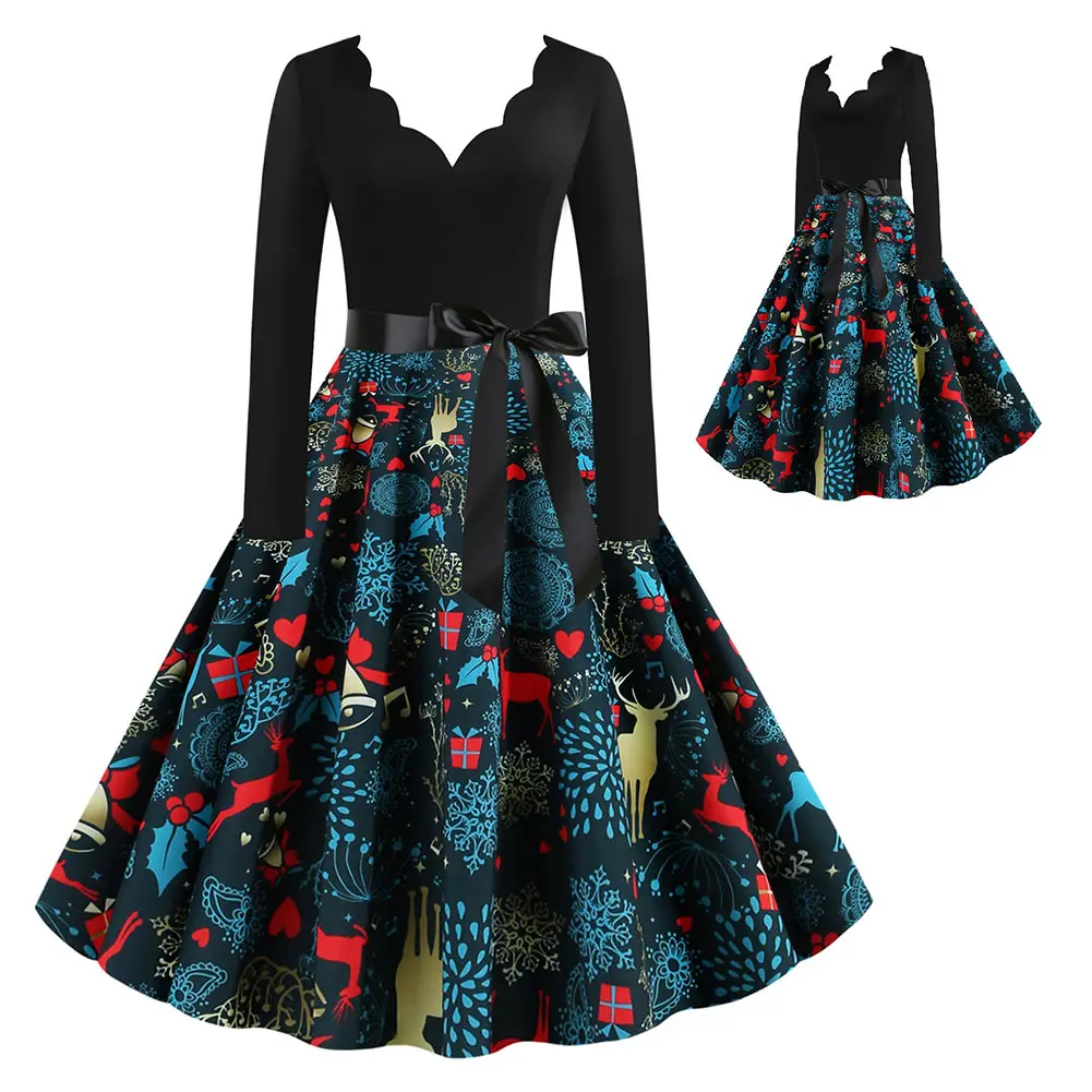 Женское винтажное вечернее платье черное с длинным рукавом и широким подолом для