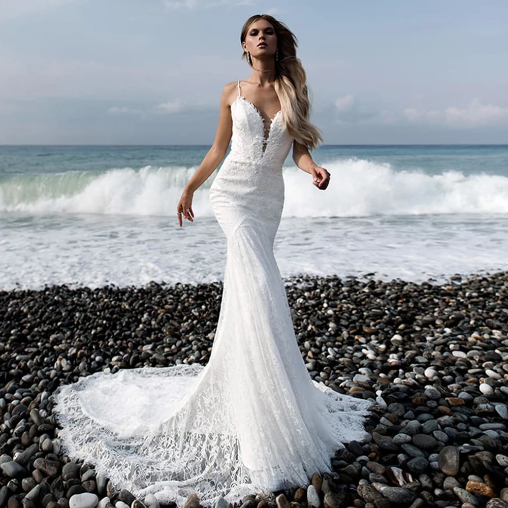 

Sexy Spaghetti Straps Mermaid Weddding Dresses V-Neck Backless Appliques Cpurt Train Bridal Gowns 2021 Vestido De Noiva