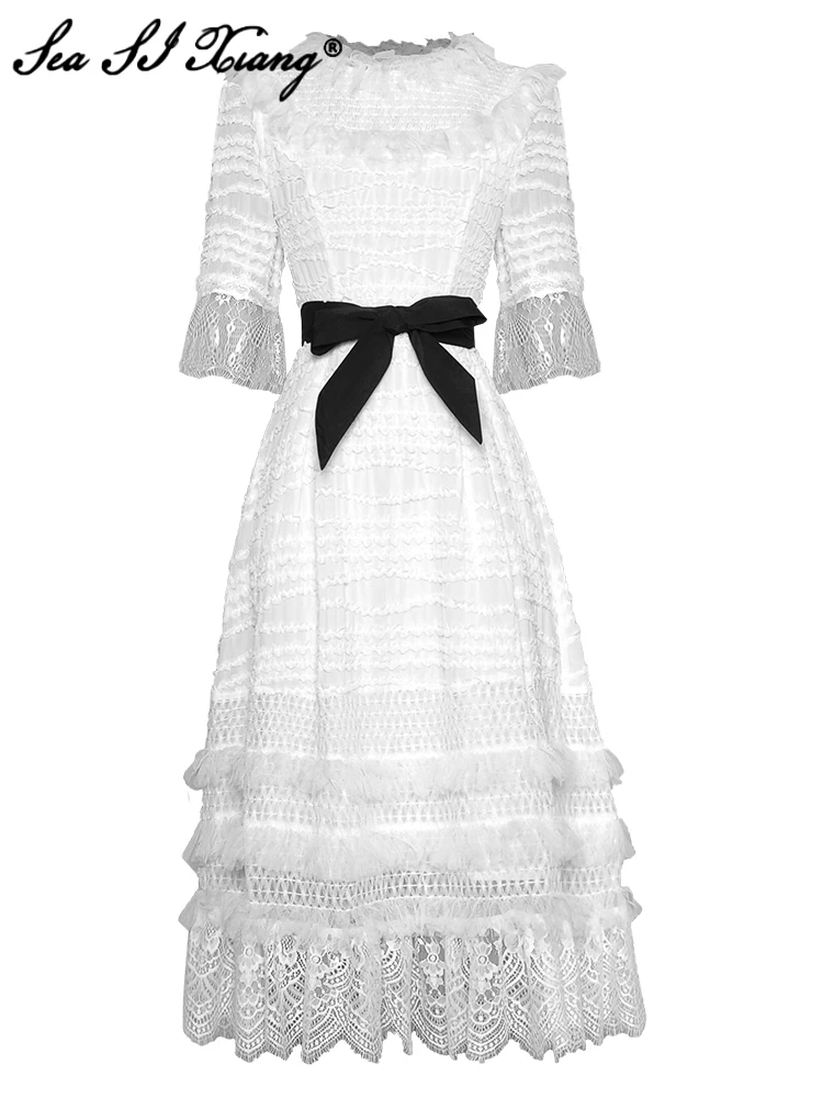 

SeaSixiang модное дизайнерское весеннее женское платье с круглым вырезом, рукавом до локтя, оборками, вырезами, сетчатые белые платья средней дл...