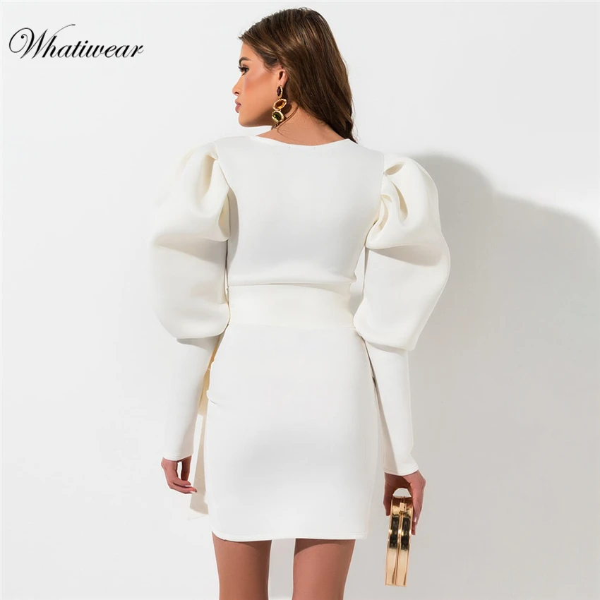 Whatiwear 2019 Puff sleeve women shirt Tie Up white v neck tops Autumn Elegant office lady streetwear blusas shirts | Женская одежда