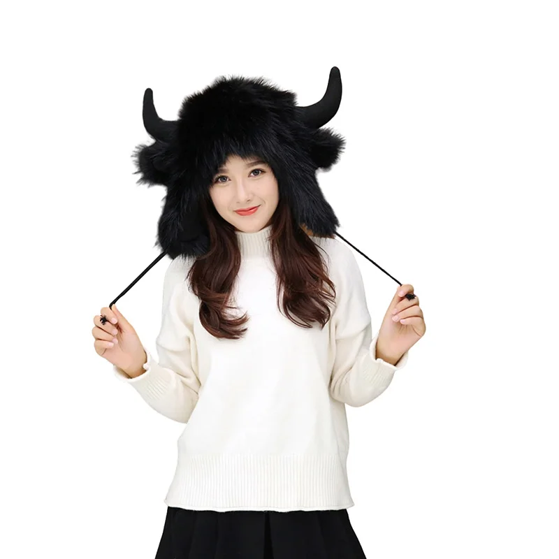 

2021 Winter Super Warm Lovely Cartoon Antler Hat Adult Fur Bomber Hat Man / Women Unisex Deer Head Horn Hat Furry