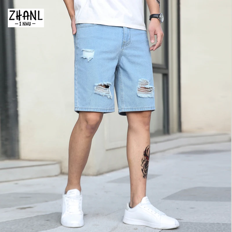 

Мужские брюки с дырками, синие повседневные рваные джинсы до колена, для бега, фитнеса, спорта, бега, лето 2022