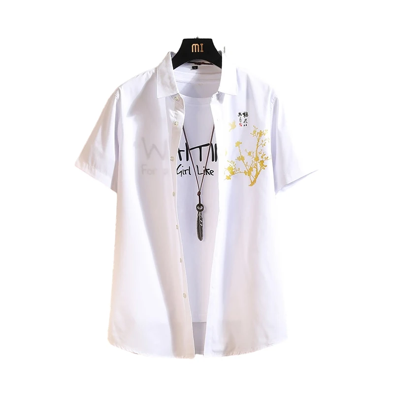 

Plus large size 7XL 6XL 5XL men's business casual short-sleeved shirt classic print large size black white blue shirt for men