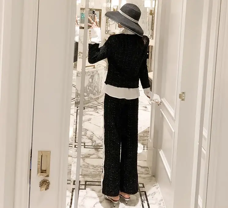 Высокое качество Женский комплект 2 шт. твидовый пиджак и длинные брюки костюмы