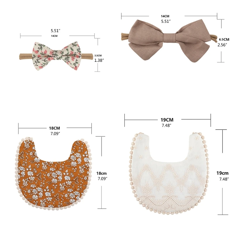

F62D 1 Set Baby Printing Bowknot Headband Bibs Set Double Sided Feeding Saliva Towel
