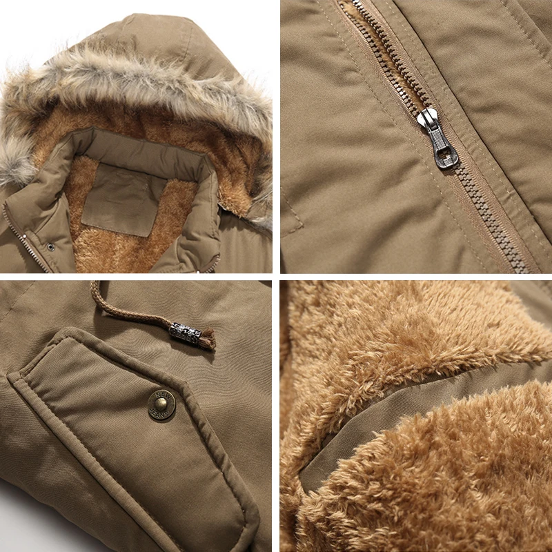 

Parker Fleece Mens Winter Coat Men's Thick Hooded Fur Collar Jacket Male Long Casual Outwear Brand Clothing SA796