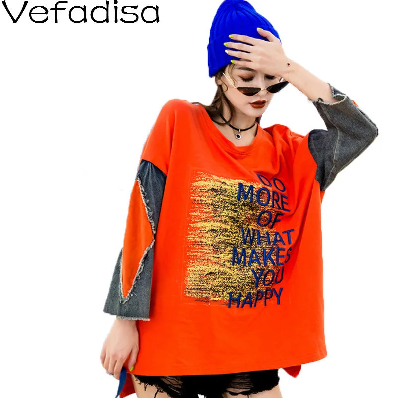Vefadisa/Весенняя Лоскутная футболка с буквенным принтом Джинсовая хлопковая в