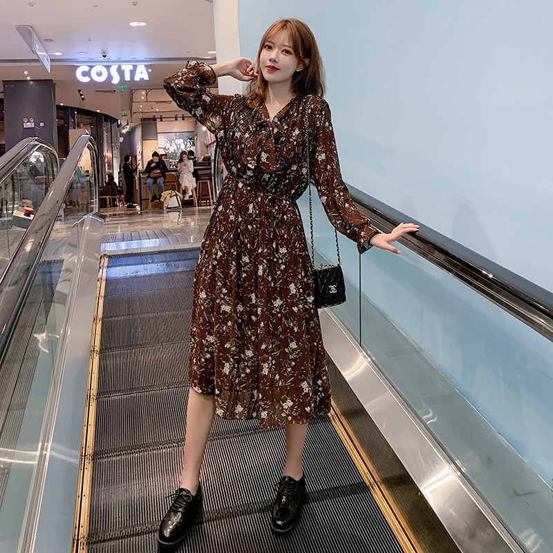 Женское шифоновое платье в винтажном стиле с цветочным принтом длинным рукавом