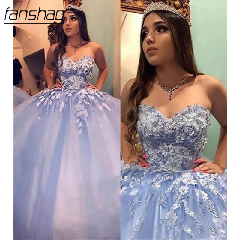 

Fanshao Blue Quinceanera Dresses Strapless Appliques 3D Flowers Beading Sleeveless For 15 Girls Ball Party Gowns