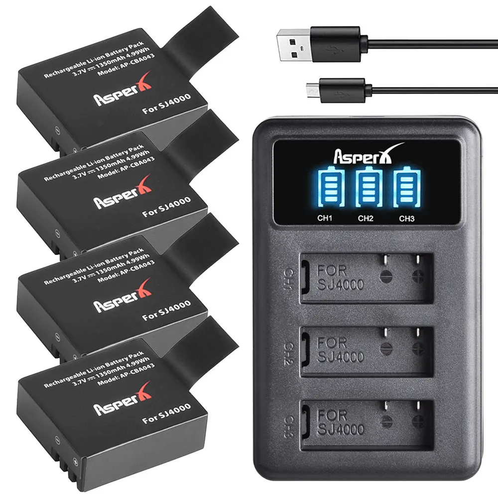 Аккумуляторная батарея SJ4000 PG1050 4 шт. + зарядное устройство USB со светодиодными 3