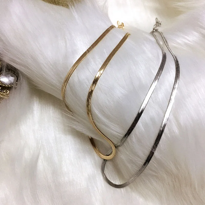AOMU 2020 New Multi Layered Flat Blade Snake Link Chain Choker Necklace for Women Vintage Jewelry Metal Simple Collar | Украшения и