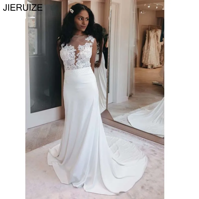 

JIERUIZE African Beach Wedding Dresses Sheer Scoop Neck Lace Appliques Button Back Modest Mermaid Bridal Dresses robe de mariee