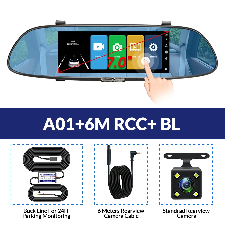 A01-6M RCC-BL E-ACE Автомобильный видеорегистратор FHD 1080P Dashcam 7 дюймов dvr зеркало видео рекордер автомобильная камера с камерой заднего вида авто регистратор Dvrs видеорегистратор - Название цвета: A01-6M RCC-BL