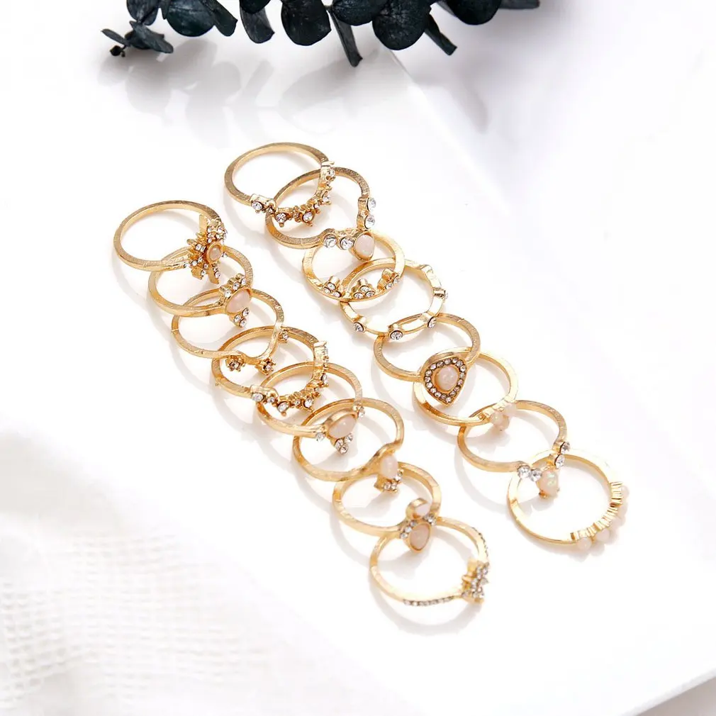 16 шт./компл. богемное Ретро Кристалл цветок листья полый Лотос кольцо с камнем