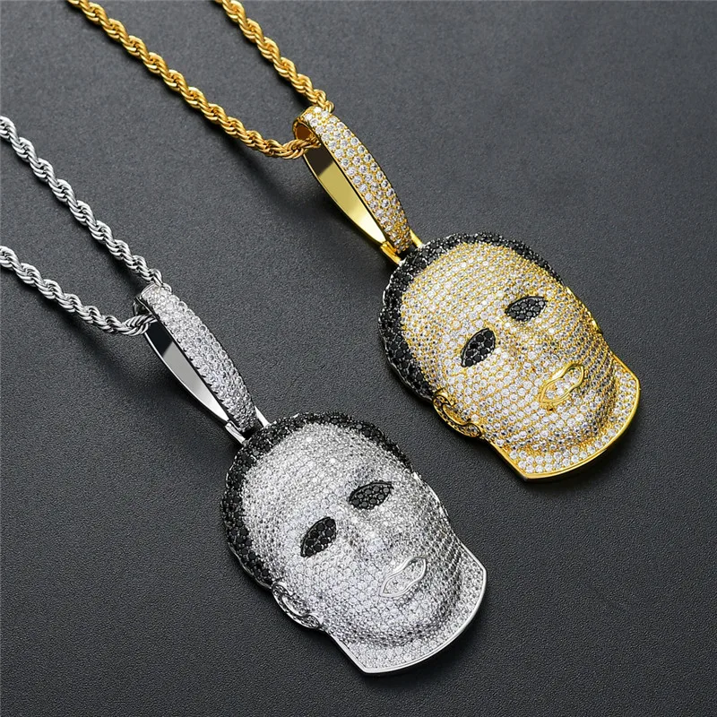 

New Iced Out Human Head Mask Pendant Necklace Pave AAA Cubic Zircon Men'S Fashion Hip Hop Rock Rapper Party Jewelry Gift