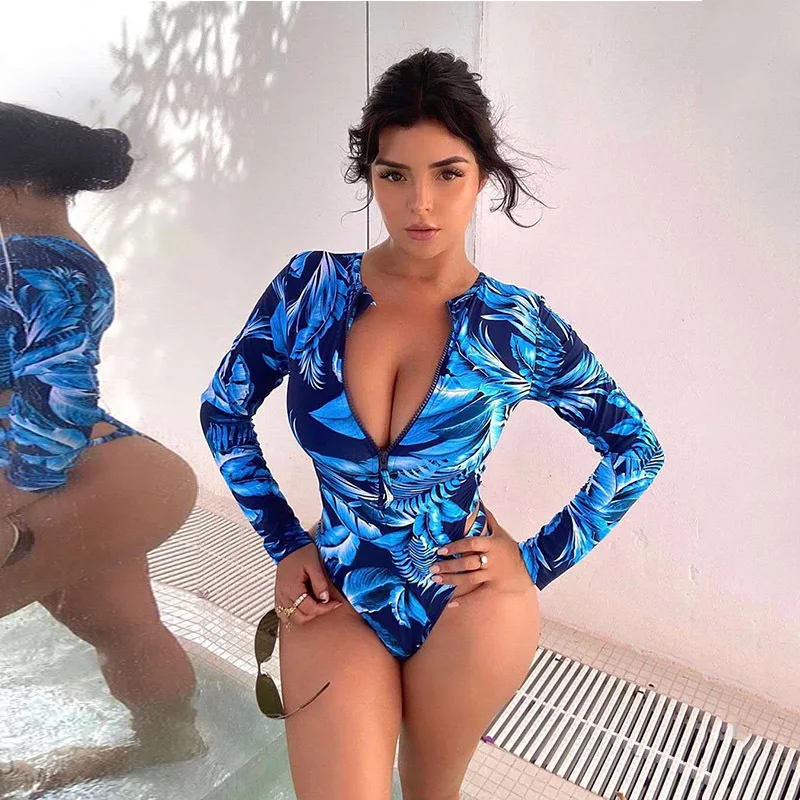 

One Piece Swimsuit 2021 Rashguard Sexy Long Sleeve Surf Swimwear Women Print Bathing Beach Wear Swimming Suit Monokini Bodysuit