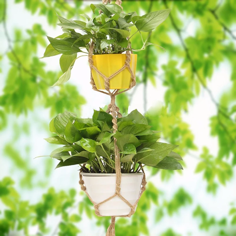 Двойная Вешалка для растений из темного джута 2 яруса подвесной держатель горшка