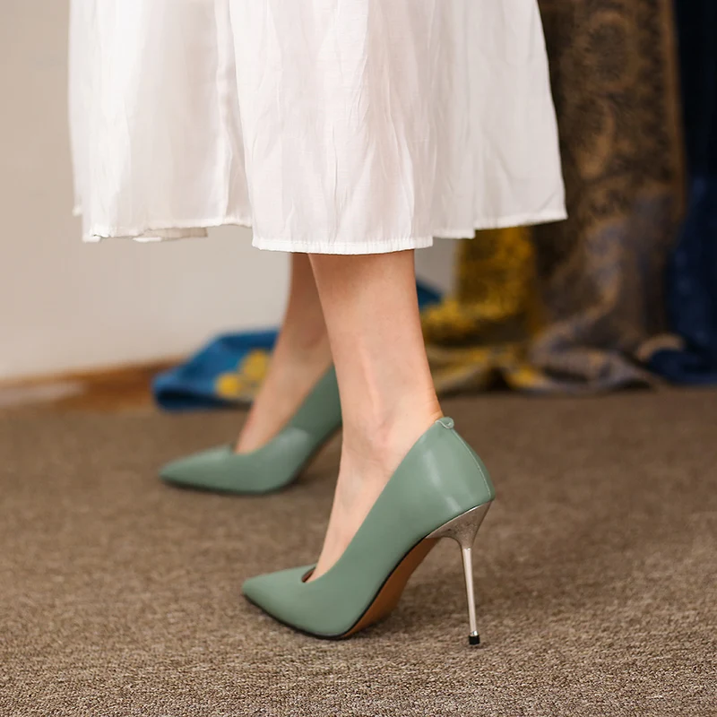 

Fashion cow leather Ladies Pumps 2021 Newest Shallow Pointed Toe High Heels Shoes Woman Newest Wedding Party Basic Women Shoes