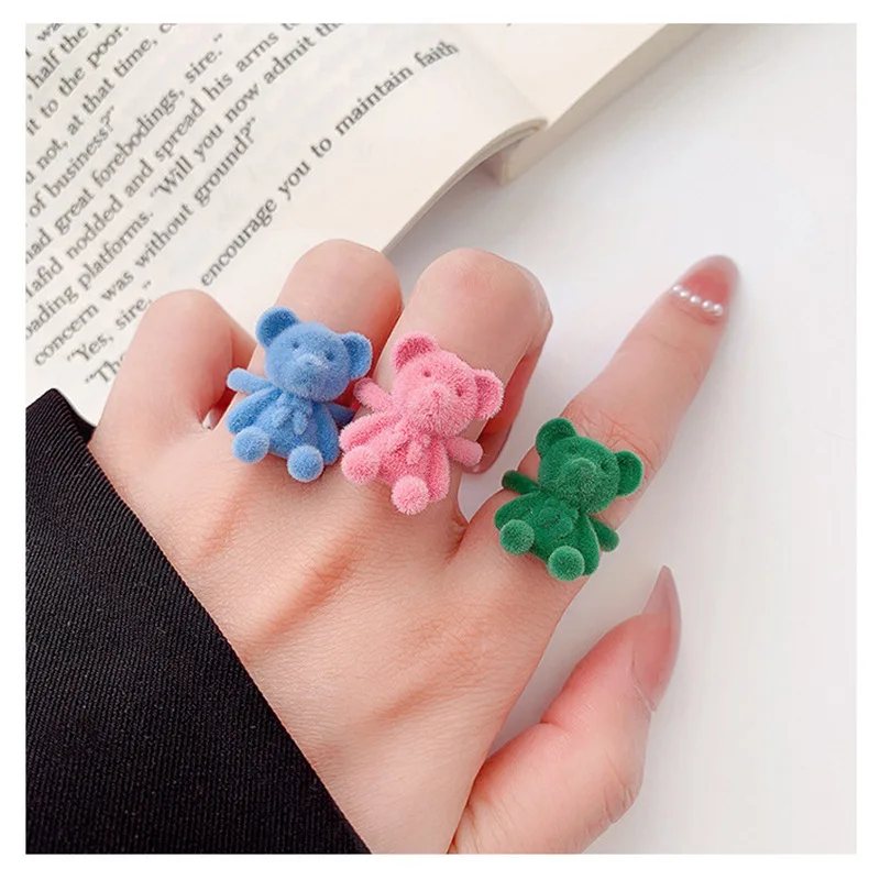 Милые флокированные кольца медведя для девочек Kawaii забавные плюшевые животные