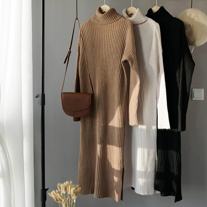 Женское вязаное платье свитер с высоким воротником белое или Черное Платье макси