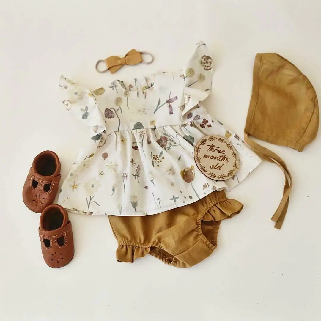 

Lovely Summer Newborn Kids Baby Girls Floral Top T-shirt Pants Hat Outfit Clothes Sequins Outfits 4PCS Sets Clothes