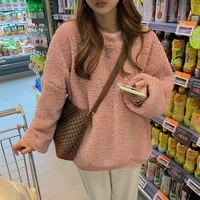 womens winter plush sweater womens new korean version of loose wild round neck pink lamb wool pullover clothes