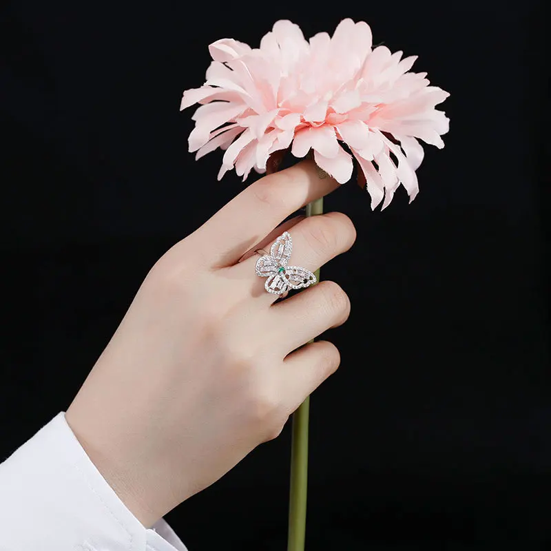 

925 Sterling Fine Platinum Gold Color Adjustable Butterfly Ring Party Women Wedding Bands White Green Zircon Silver New Trendy